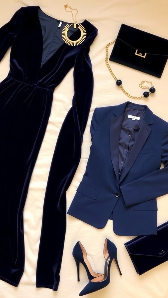 Flat lay of navy blue Christmas party outfits with accessories on a neutral background.